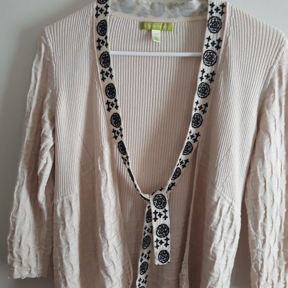 Sigrid Olsen Open Cardigan Womens Small Beige Knit Embroidered Neckline Tie - Picture 3 of 12